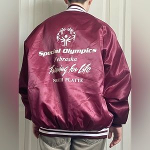 Dark red Special Olympics varsity jacket. Thrifted a while ago